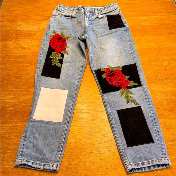 ASOS Denim - ASOS Straight Leg Blue and Red Jeans with Artistic Patchwork
